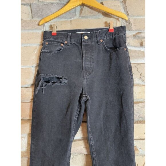 Topshop Womens Dad Jeans Sz 28 Black Mid Rise Straight Leg Distressed Button Fly - Picture 2 of 11